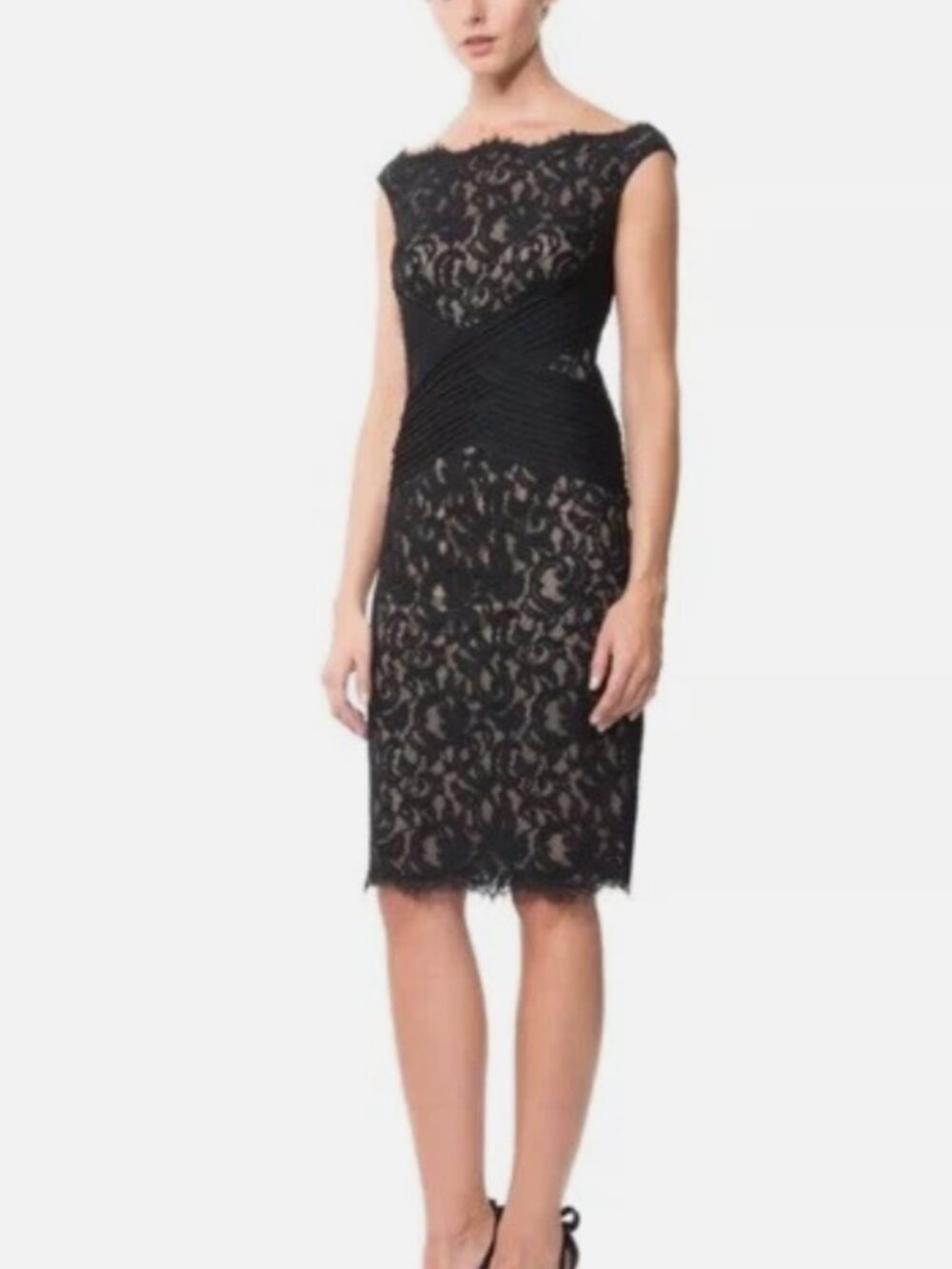 Tadashi Shoji Black Lace Criss Cross Midi Sheath Dress Size 6